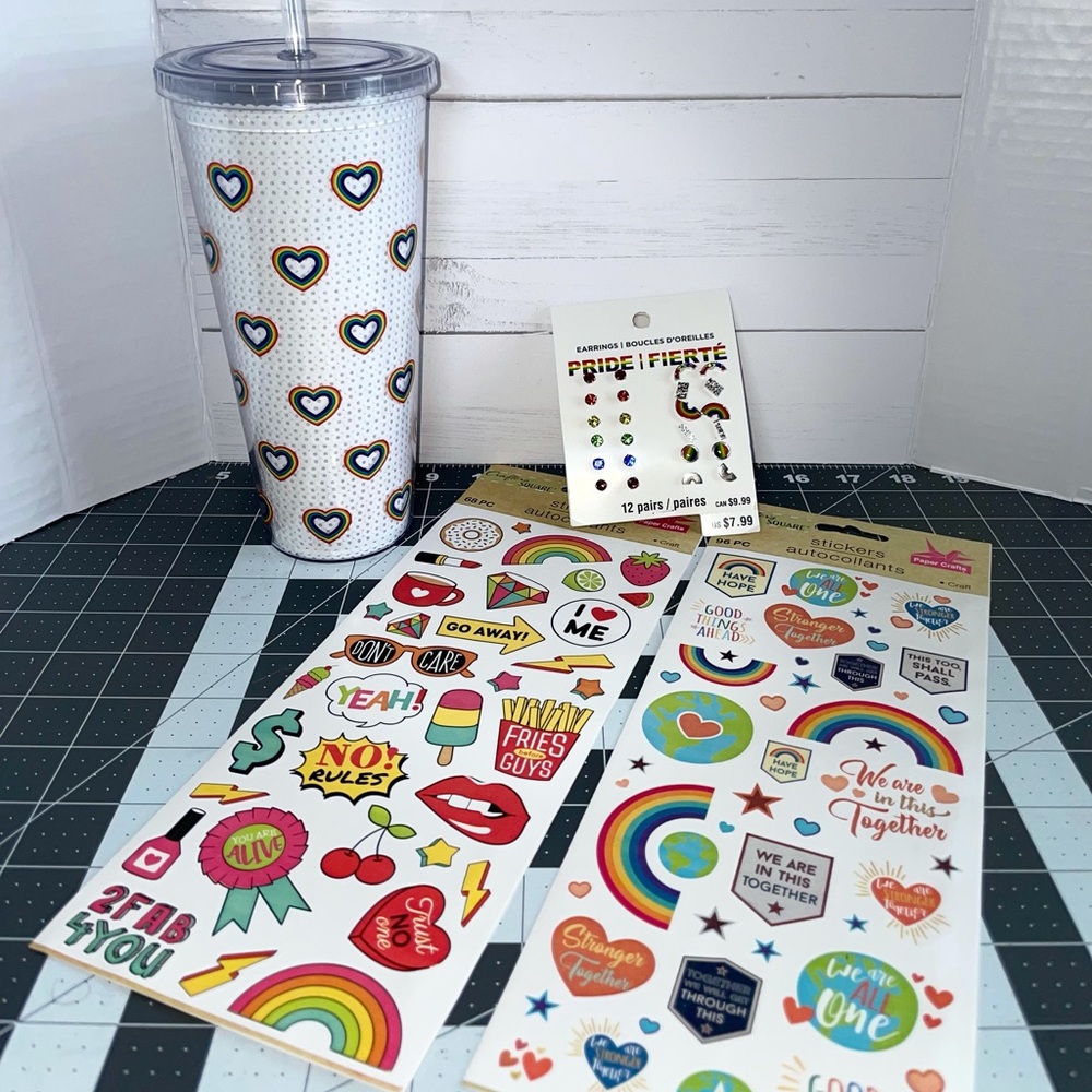 Pride Bundle Cold Beverage Tumbler stickers and earrings